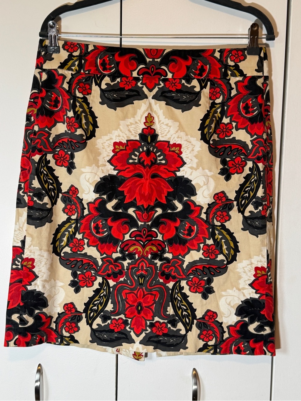 J. Crew Beige Pencil Skirt with Red and Black Floral Damask